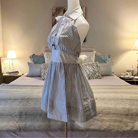 SEA NEW YORK White Gray Stripped 2 Dress Cotton Halter Bow Tie Collar Backless - Picture 6 of 17